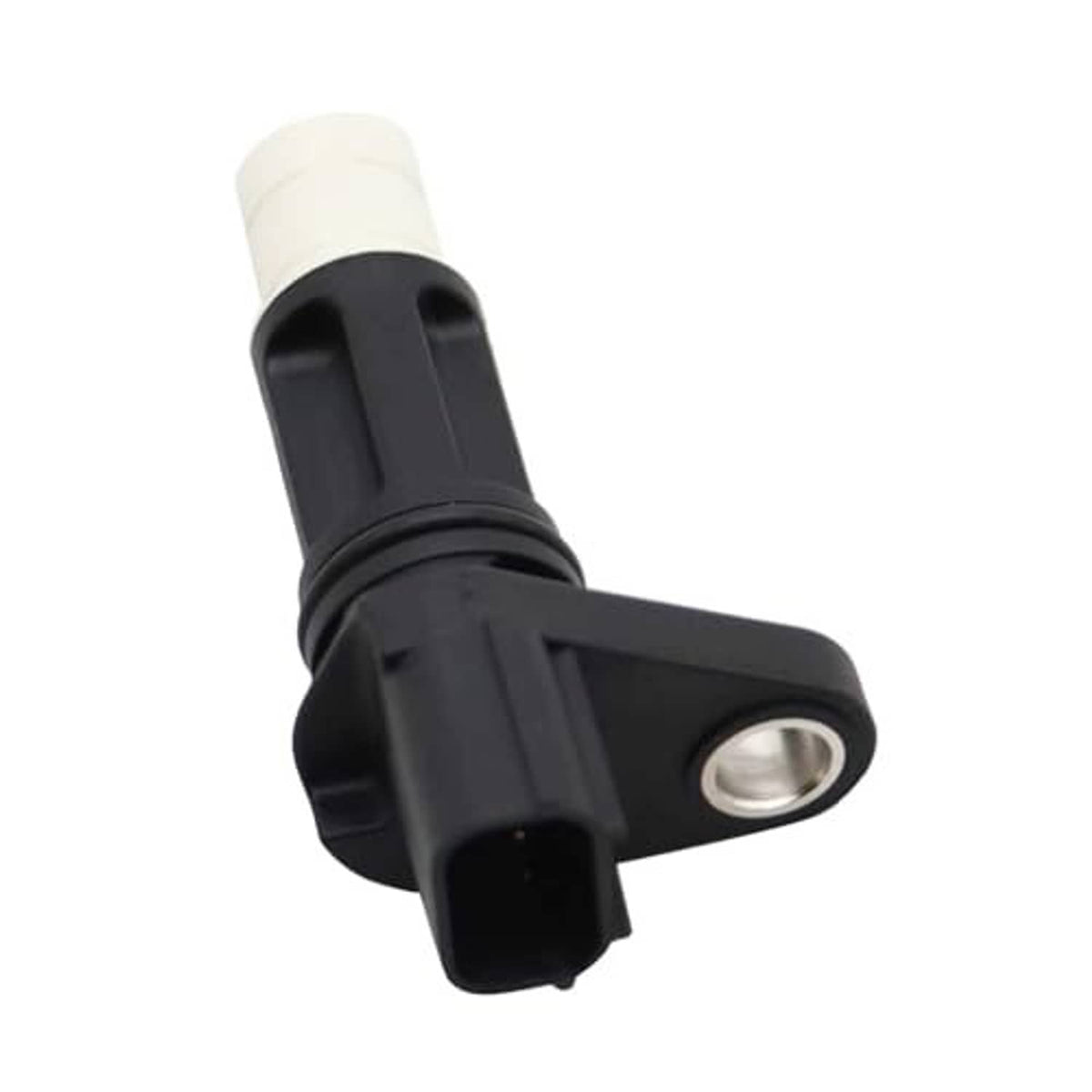Crankshaft position sensor with white connector cap and black bracket, visible metal ring