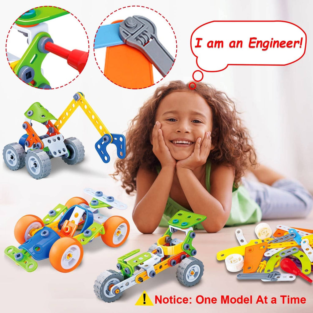 Multicolor STEM building toy models with wheels, panels, and loose connector parts