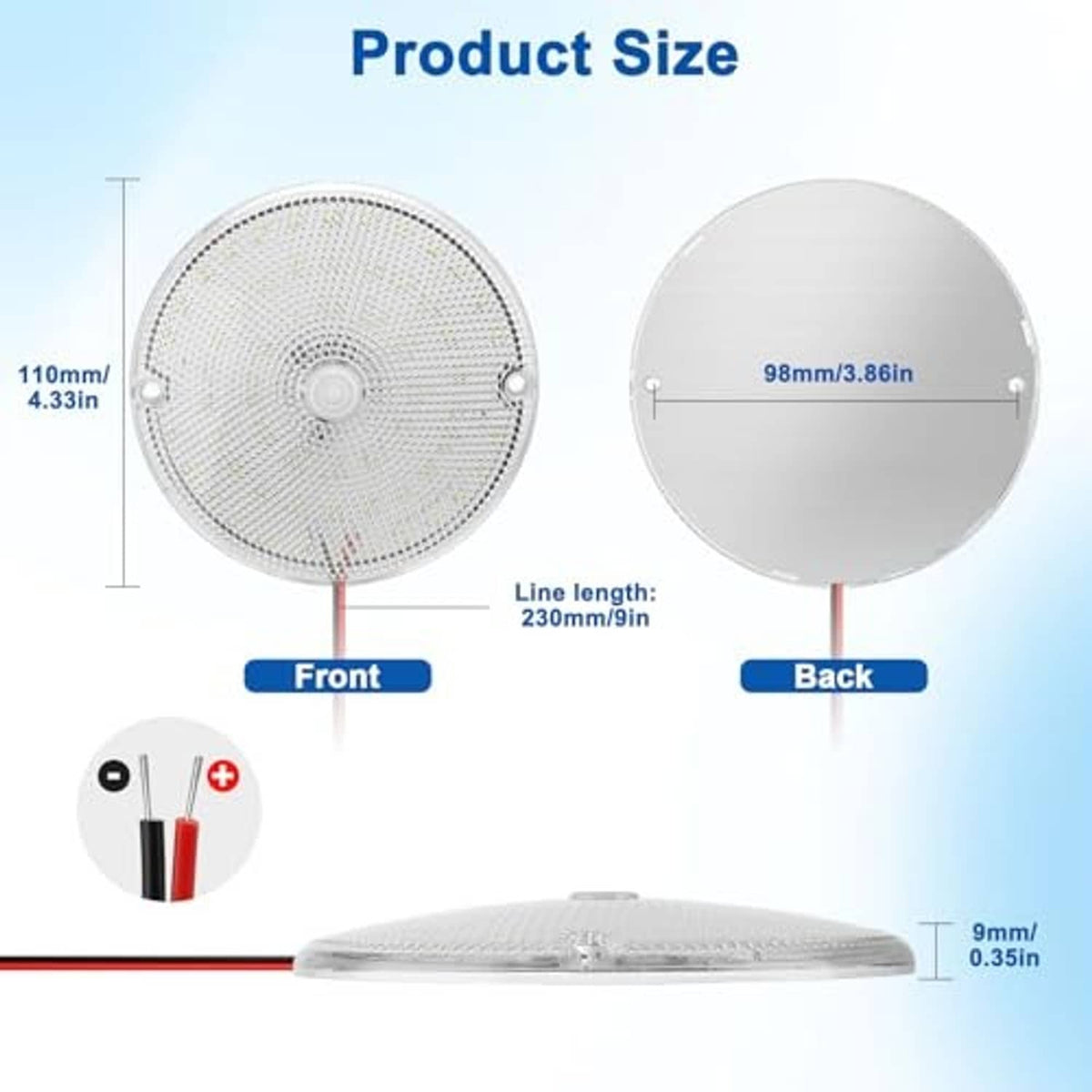 Front and back views of a slim round LED ceiling dome light with white diffuser