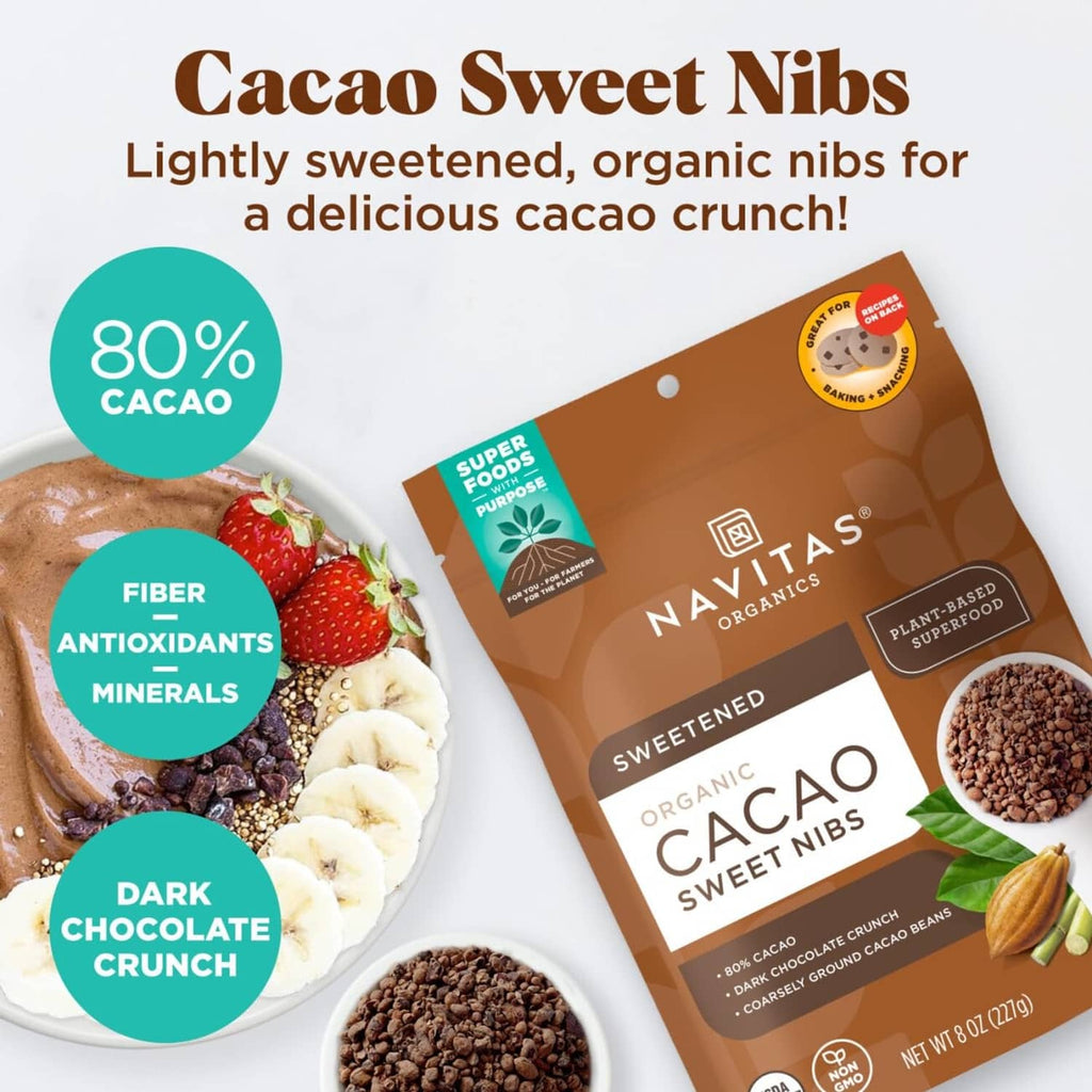 Cacao sweet nibs pouch with 80% cacao badge and snack crunch description