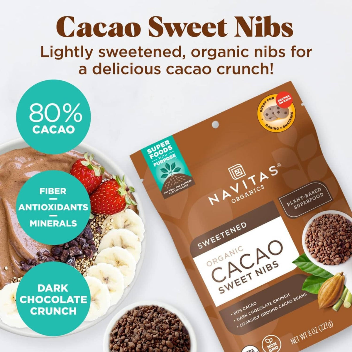 Cacao sweet nibs pouch with 80% cacao badge and snack crunch description