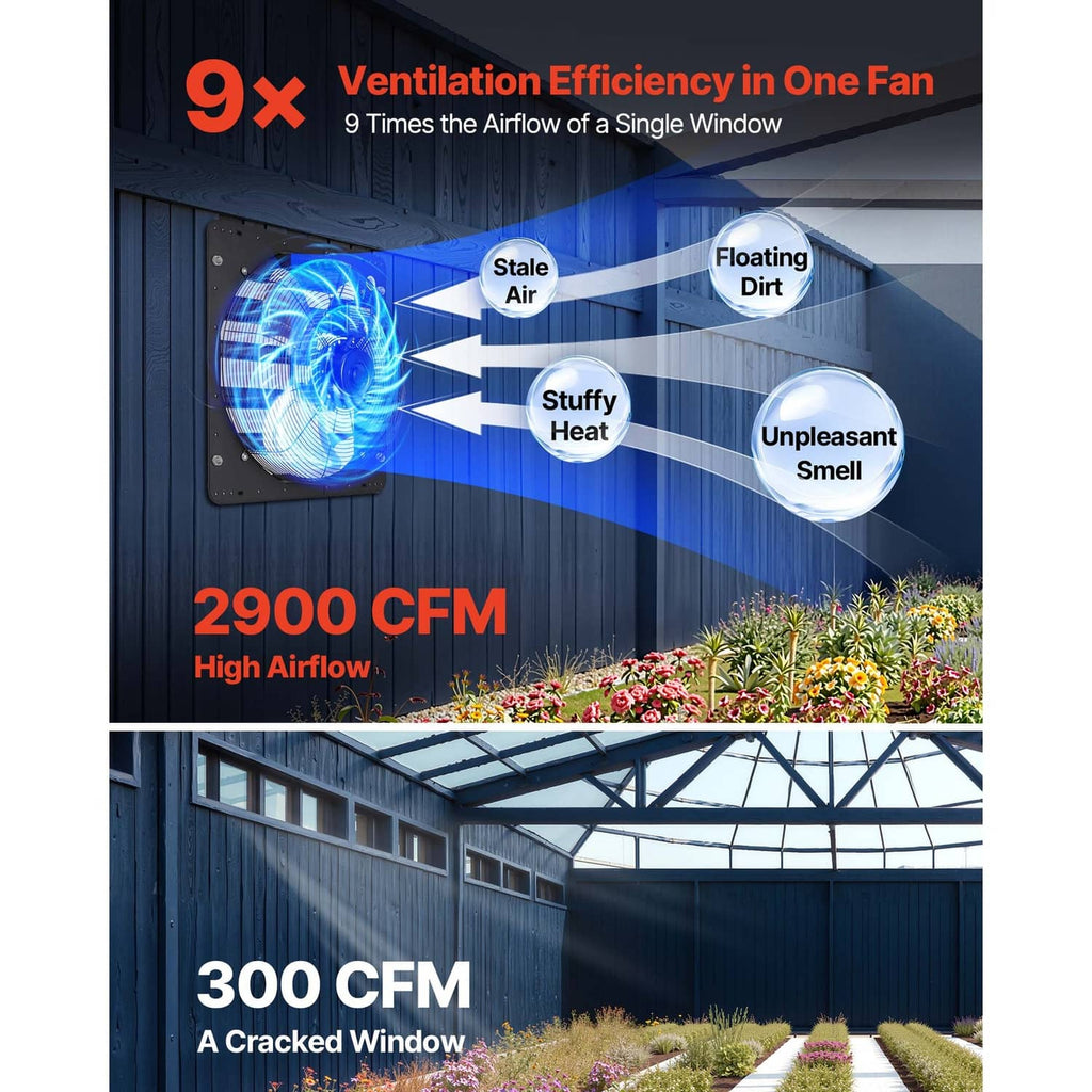 Wall-mounted shutter exhaust fan on exterior wall with high airflow performance graphic