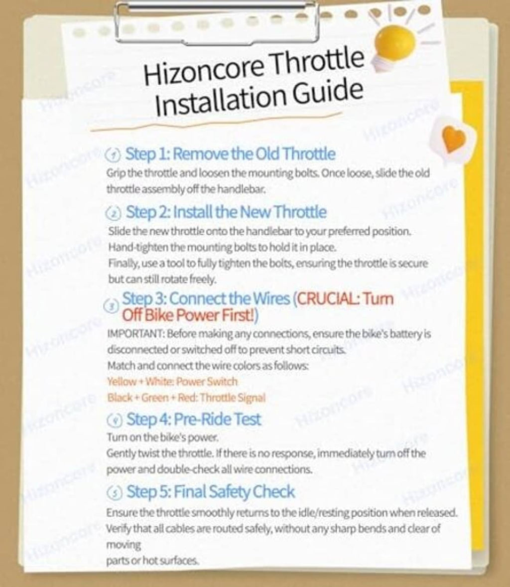 Throttle installation guide card with step-by-step instructions