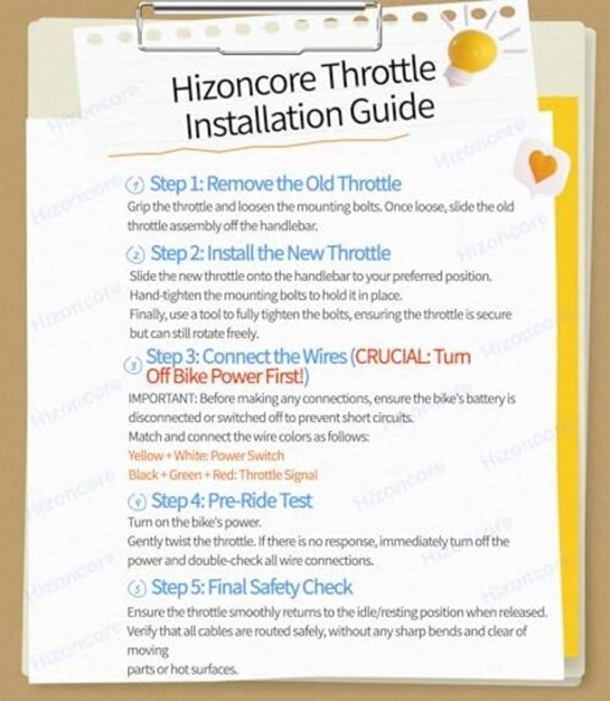 Throttle installation guide card with step-by-step instructions