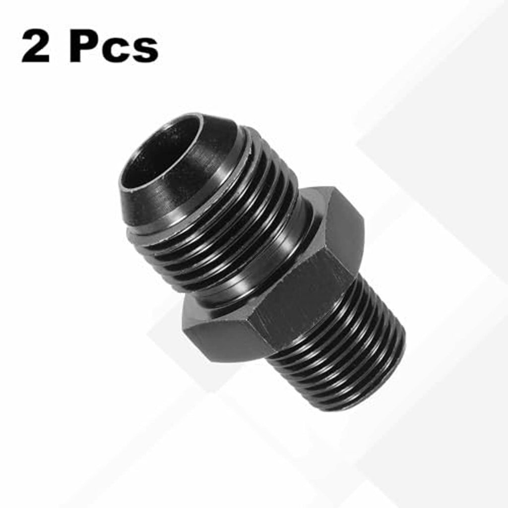 Black straight flare adapter pipe fitting, angled view, male threads, 2 pcs