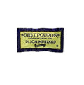 Grey Poupon Dijon mustard packet, yellow filling in dark blue wrapper