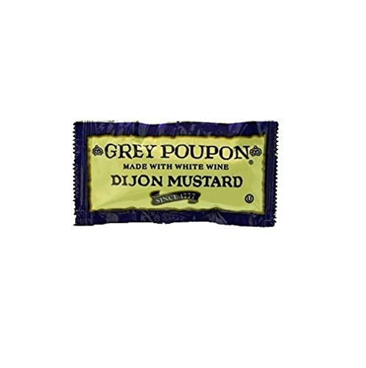 Grey Poupon Dijon mustard packet, yellow filling in dark blue wrapper
