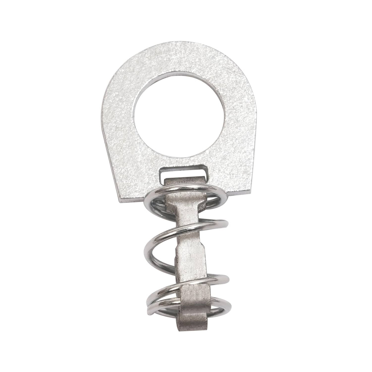 Metal spring latch with U-shaped bracket and mounting screw, silver finish