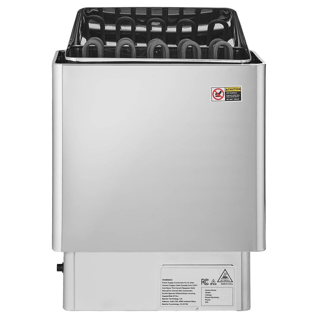 Electric sauna heater with rear panel labels and open-top metal protective grill