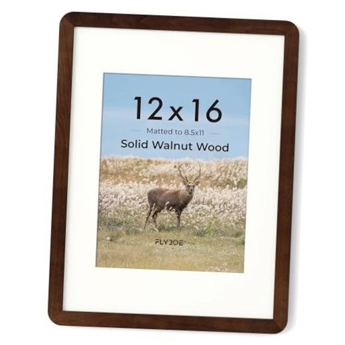 Dark brown walnut wood picture frame with 12x16 mat and glass, front view