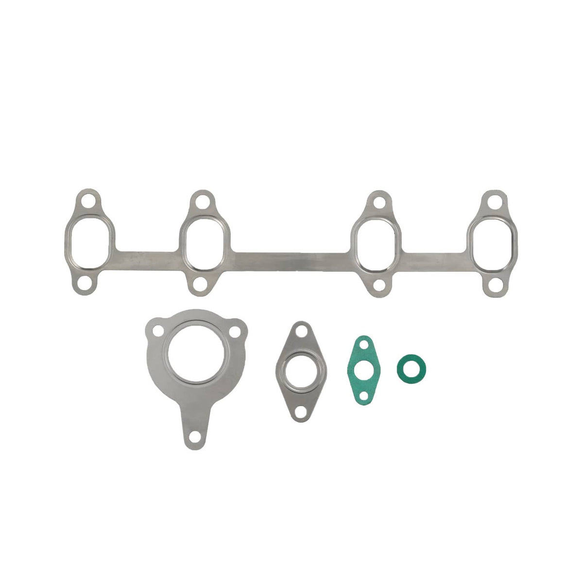 Set of turbo gasket seals and hardware pieces in light and dark metal finishes