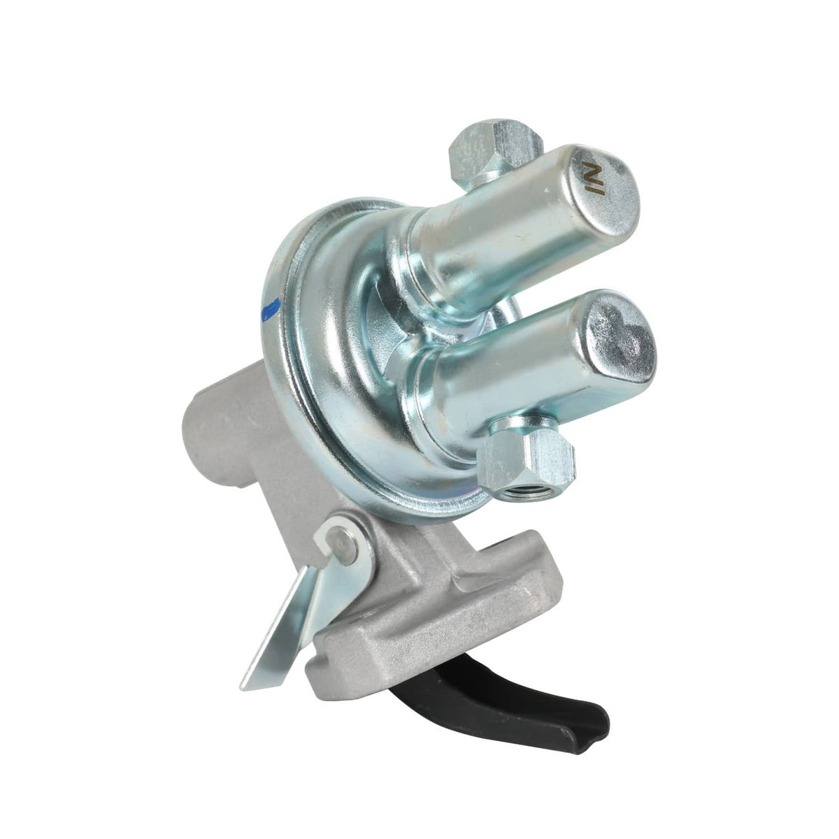 Fuel lift transfer pump with two metal terminals, black lever, and silver mounting plate