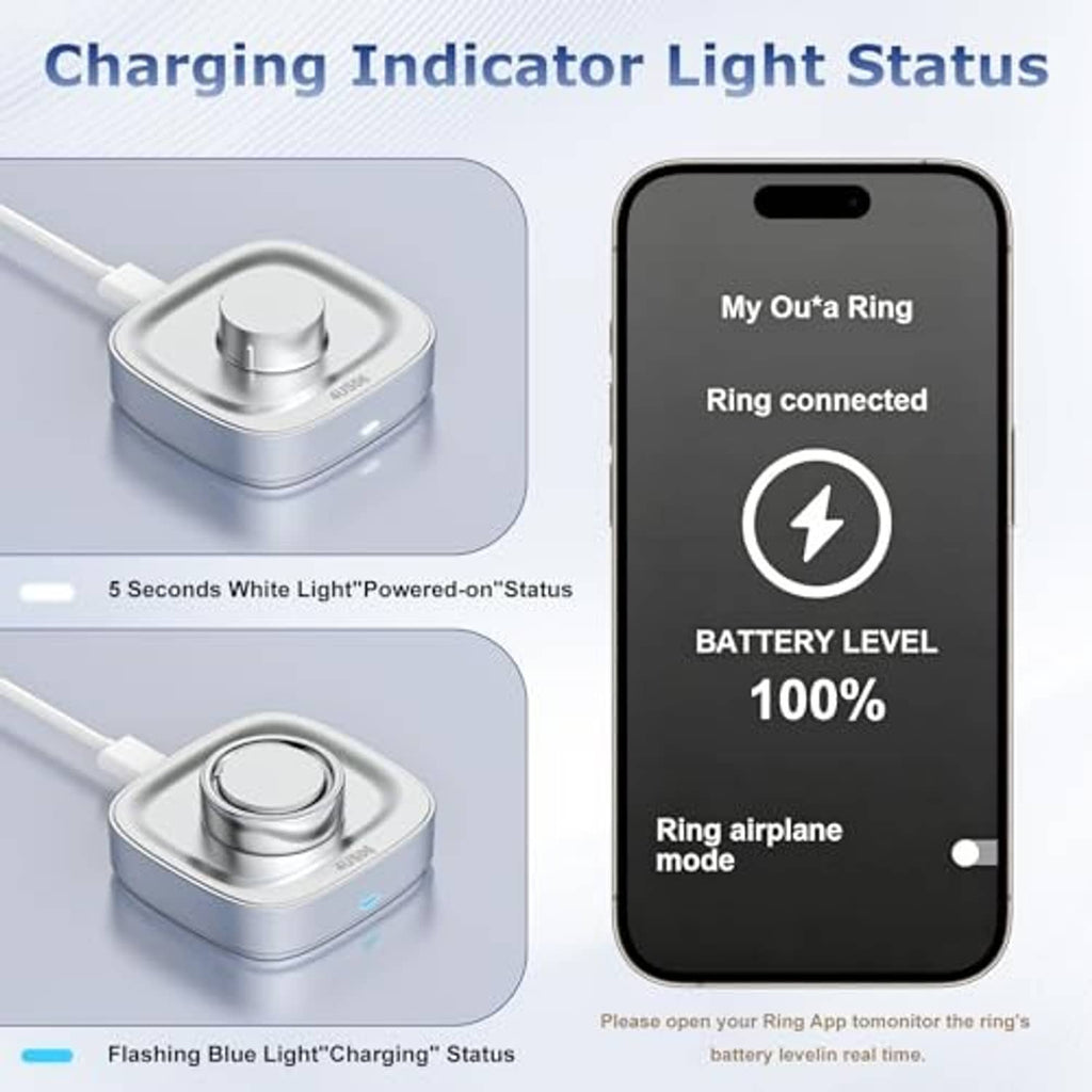 Portable ring charger with indicator light status next to connected phone display