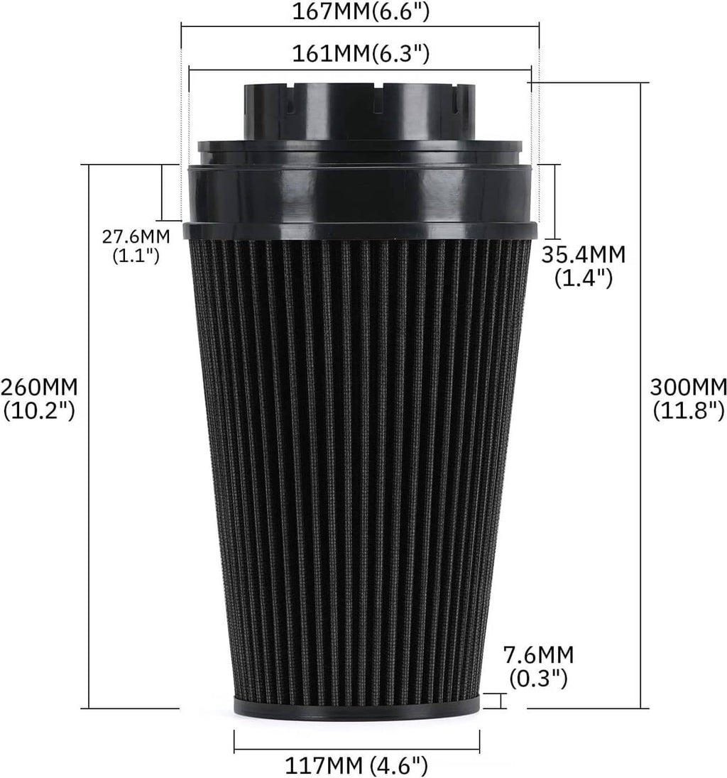 Black cone air filter housing with height and diameter measurement lines