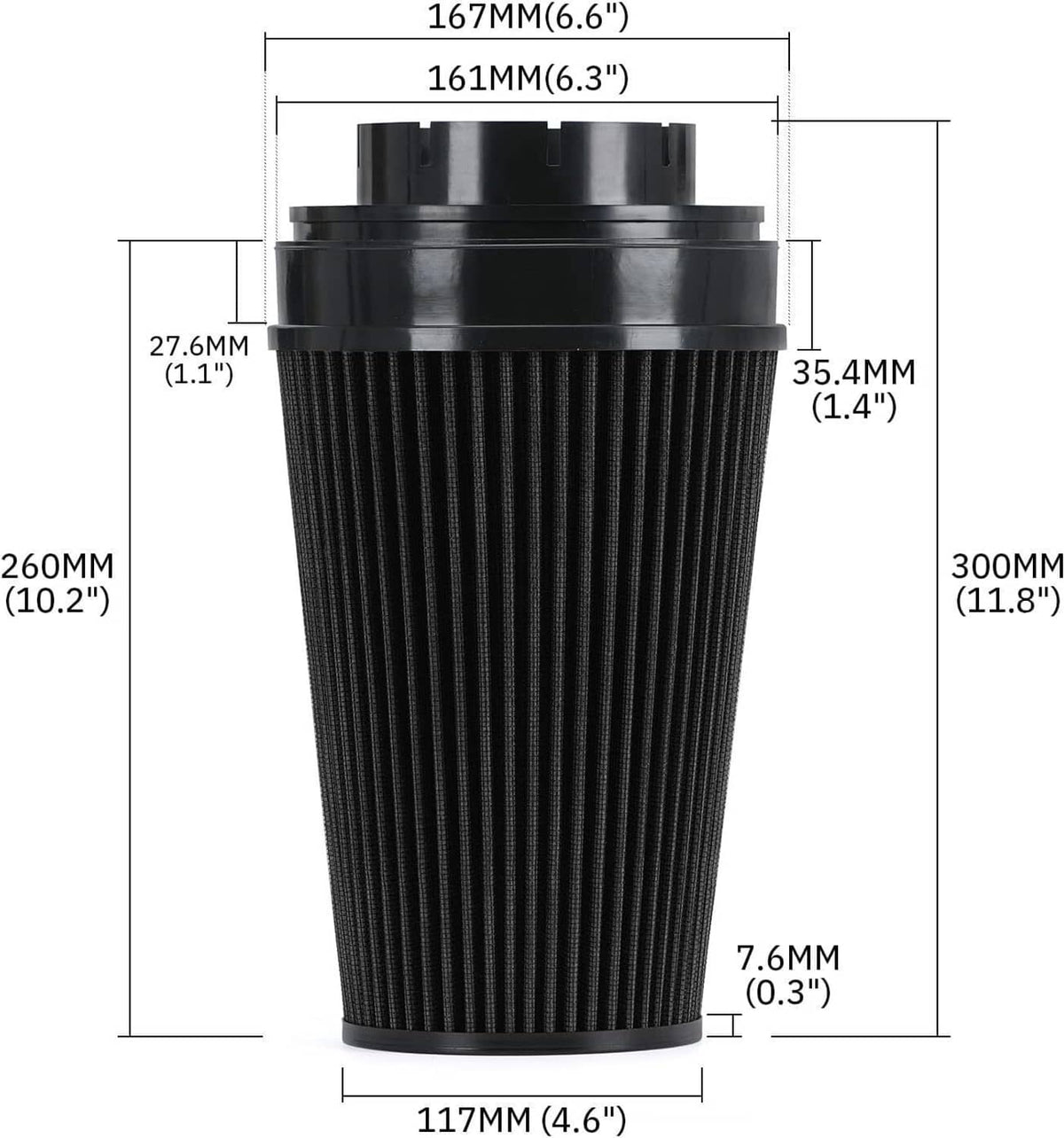 Black cone air filter housing with height and diameter measurement lines