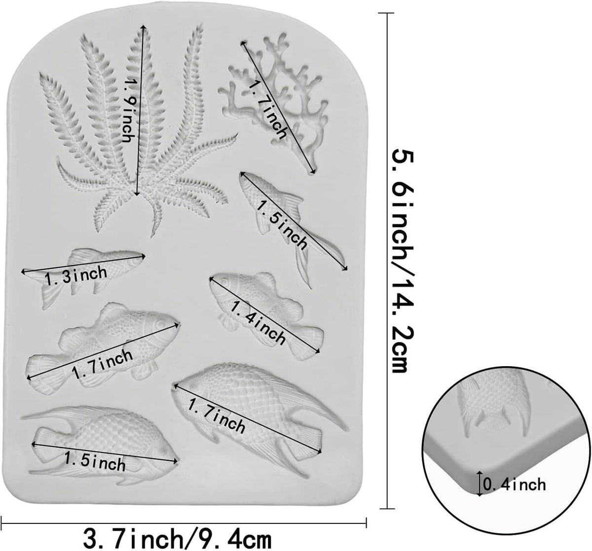 Gray sea-creature silicone mold with size guides, oval tray with fish and seaweed impressions