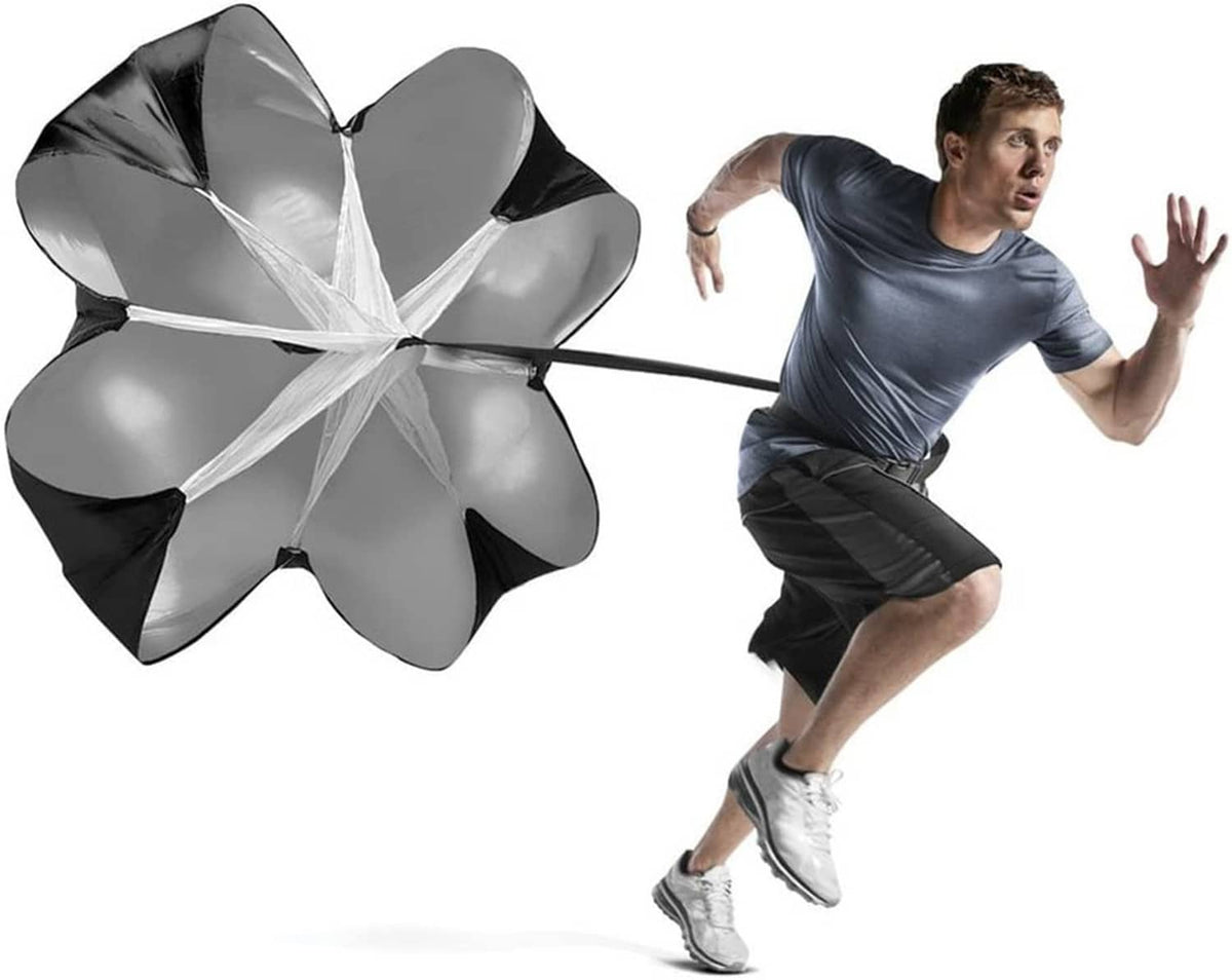 56-inch resistance chute training parachute with black-and-silver fabric and rope