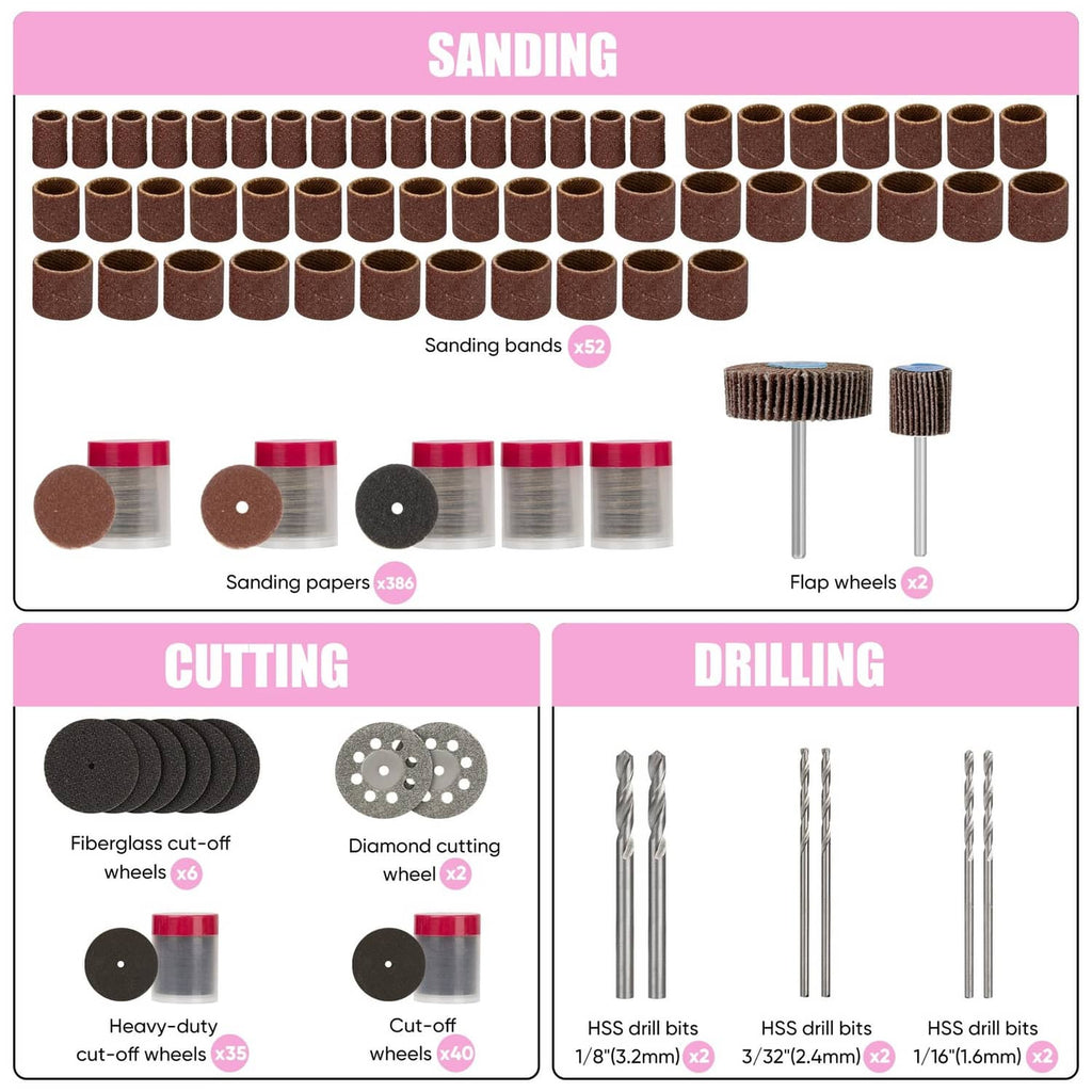 Sanding accessories set with sanding bands, sanding papers, and flap wheels