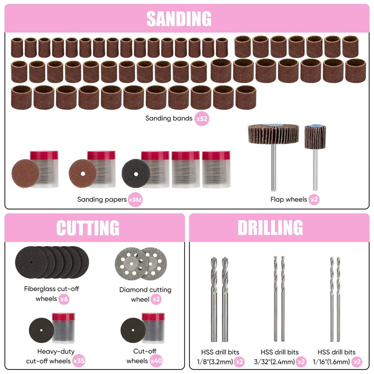 Sanding accessories set with sanding bands, sanding papers, and flap wheels