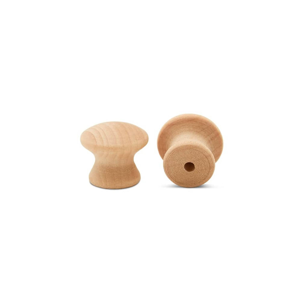 Unfinished natural wooden cabinet knobs, two-piece view showing front and back holes