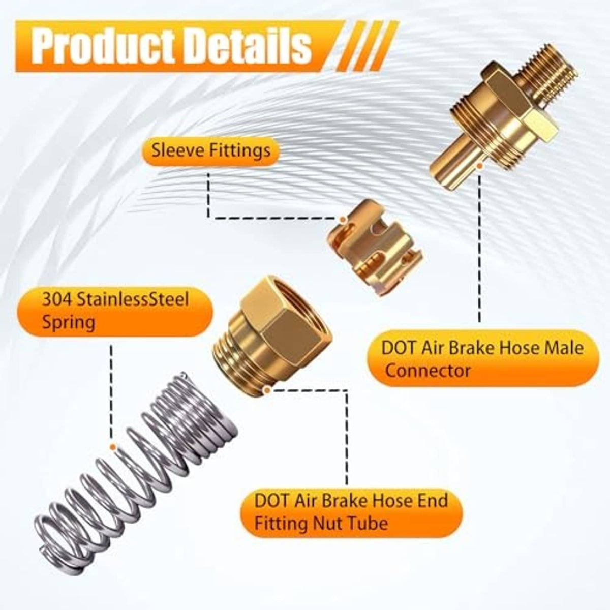 Brass DOT air brake hose end fitting parts with sleeve fittings and stainless spring coil