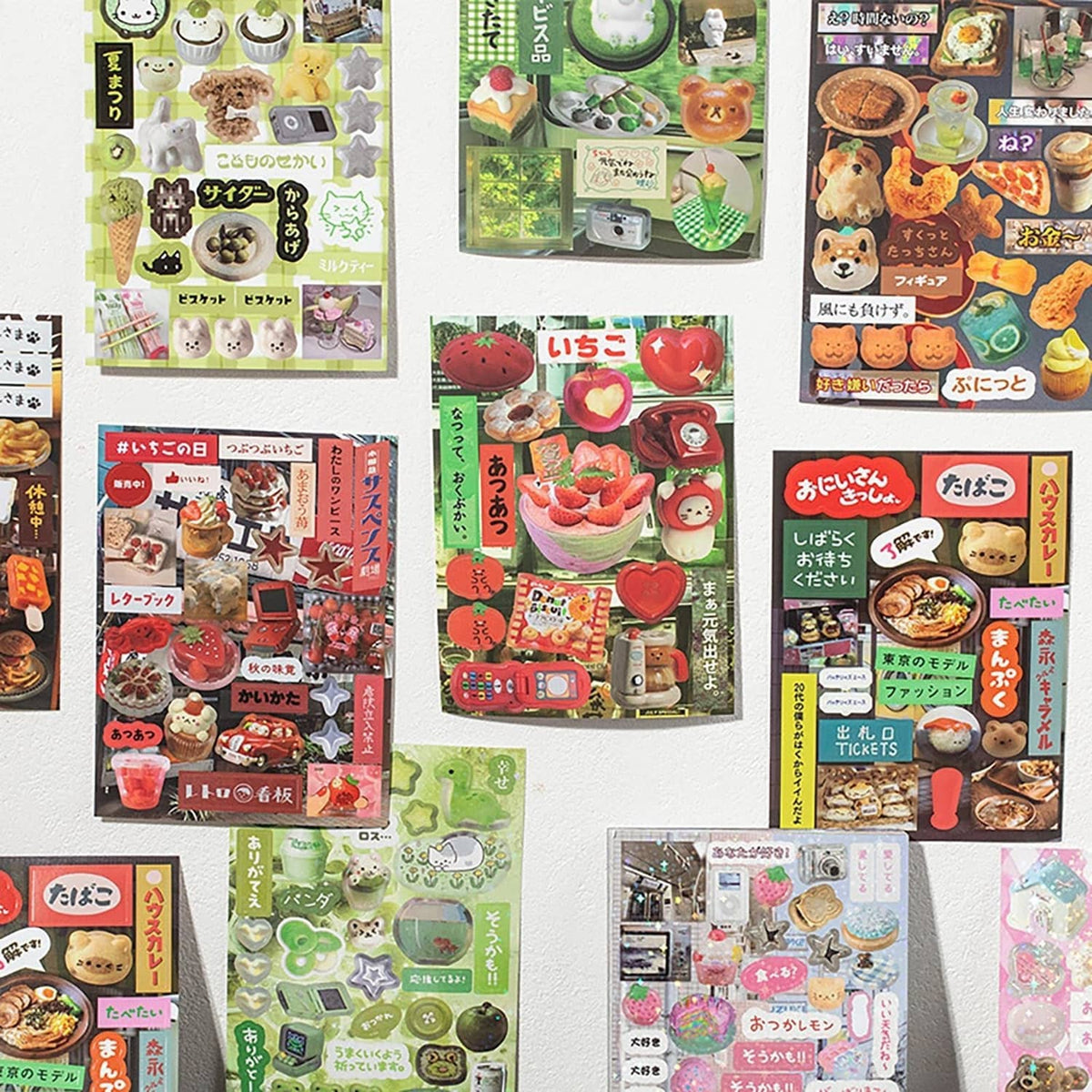 Sticker sheets with food and character designs in green, red, and brown tones