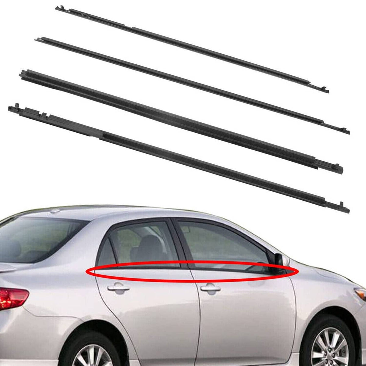 Set of black door window weatherstrip seal trims with mounting clips