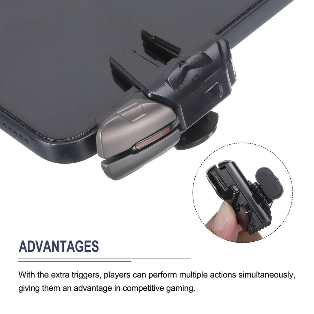 Black phone trigger clamp attached to phone edge, close-up with finger view