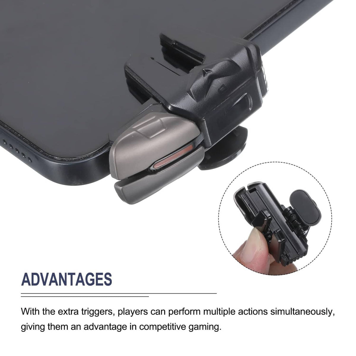 Black phone trigger clamp attached to phone edge, close-up with finger view