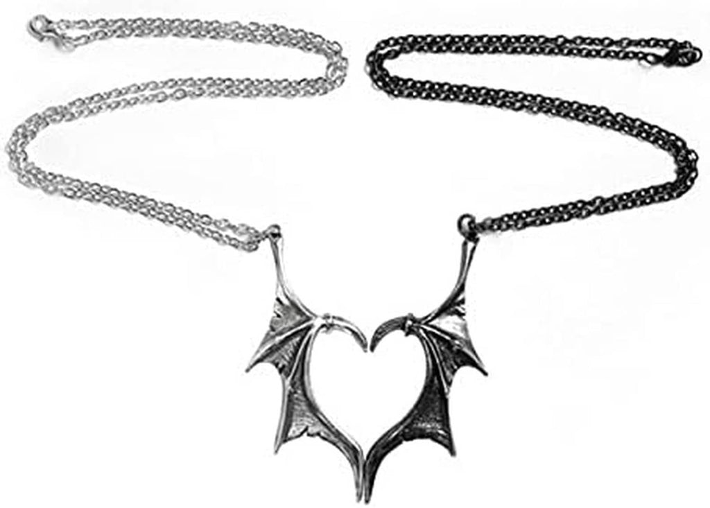 Silver and black chain necklaces with bat-wing heart pendant centered