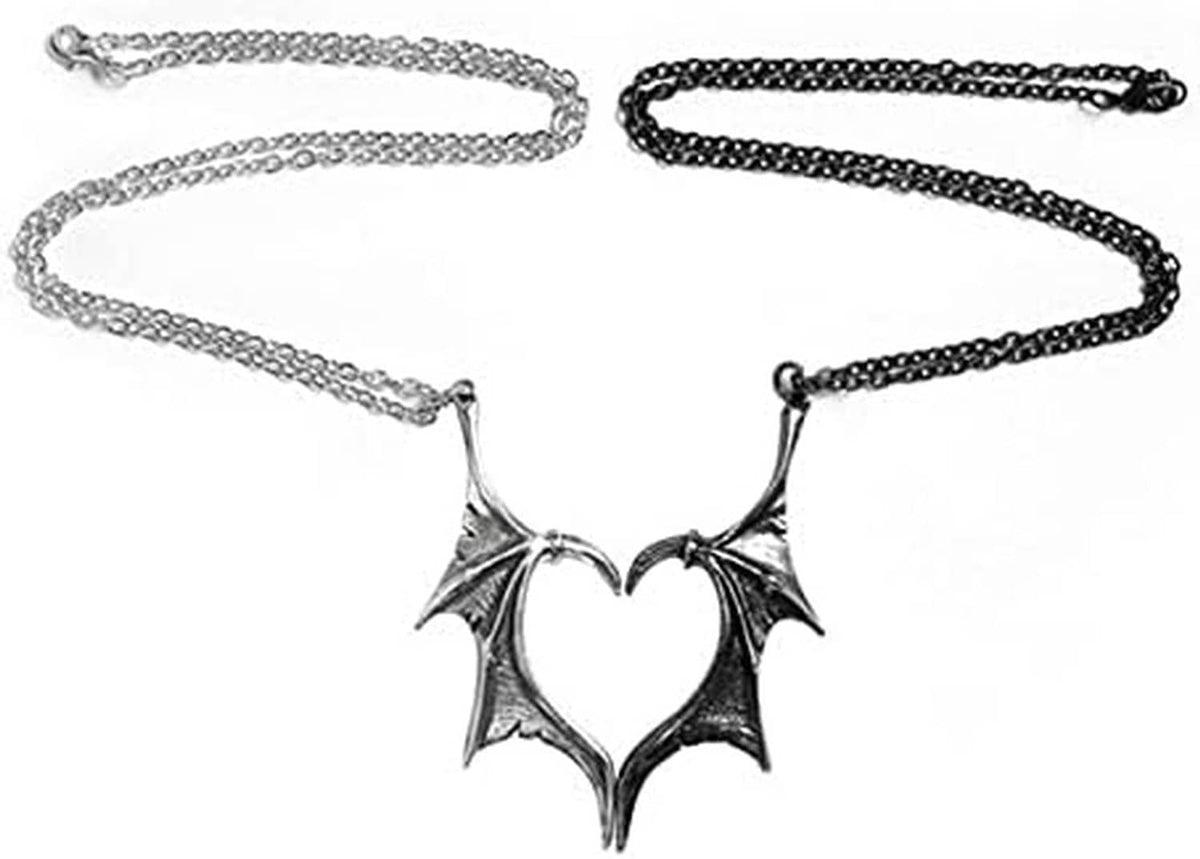 Silver and black chain necklaces with bat-wing heart pendant centered