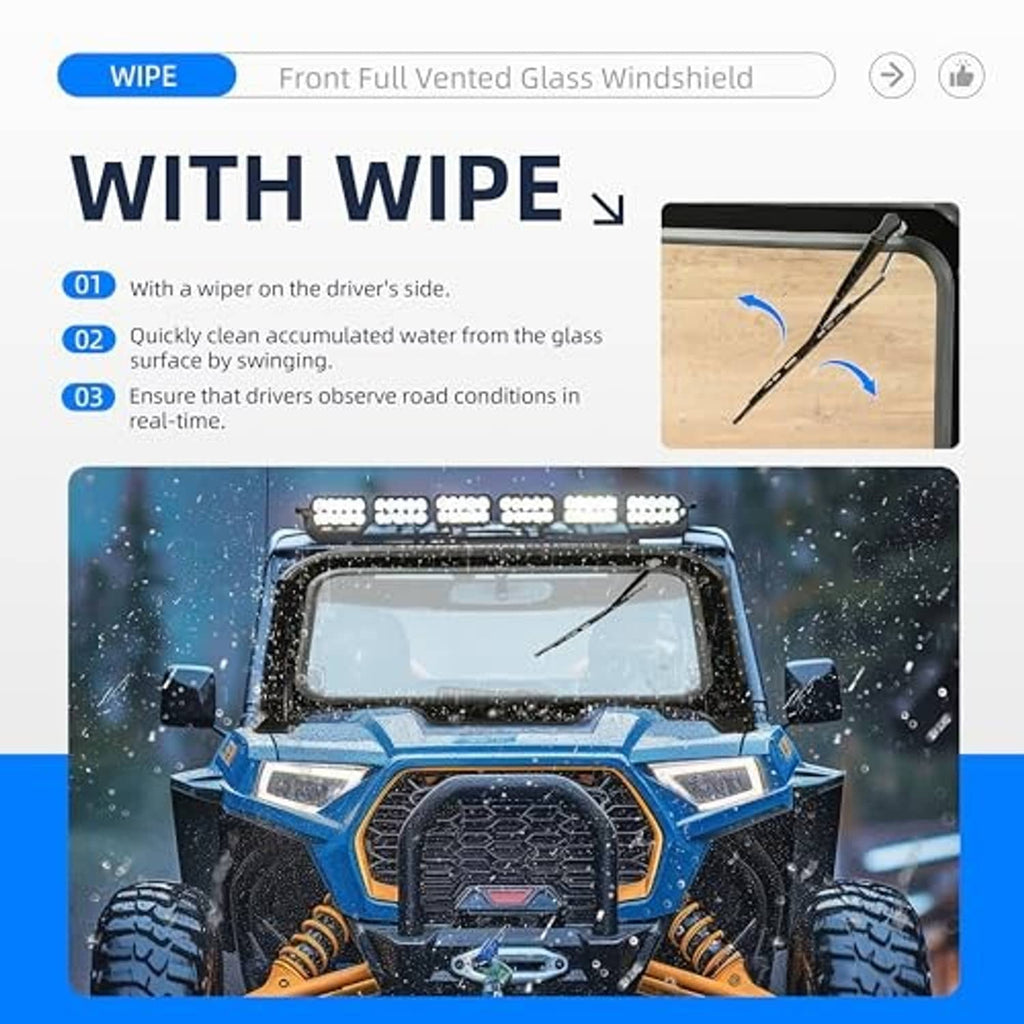 Front full vented glass windshield with single-side wiper blade