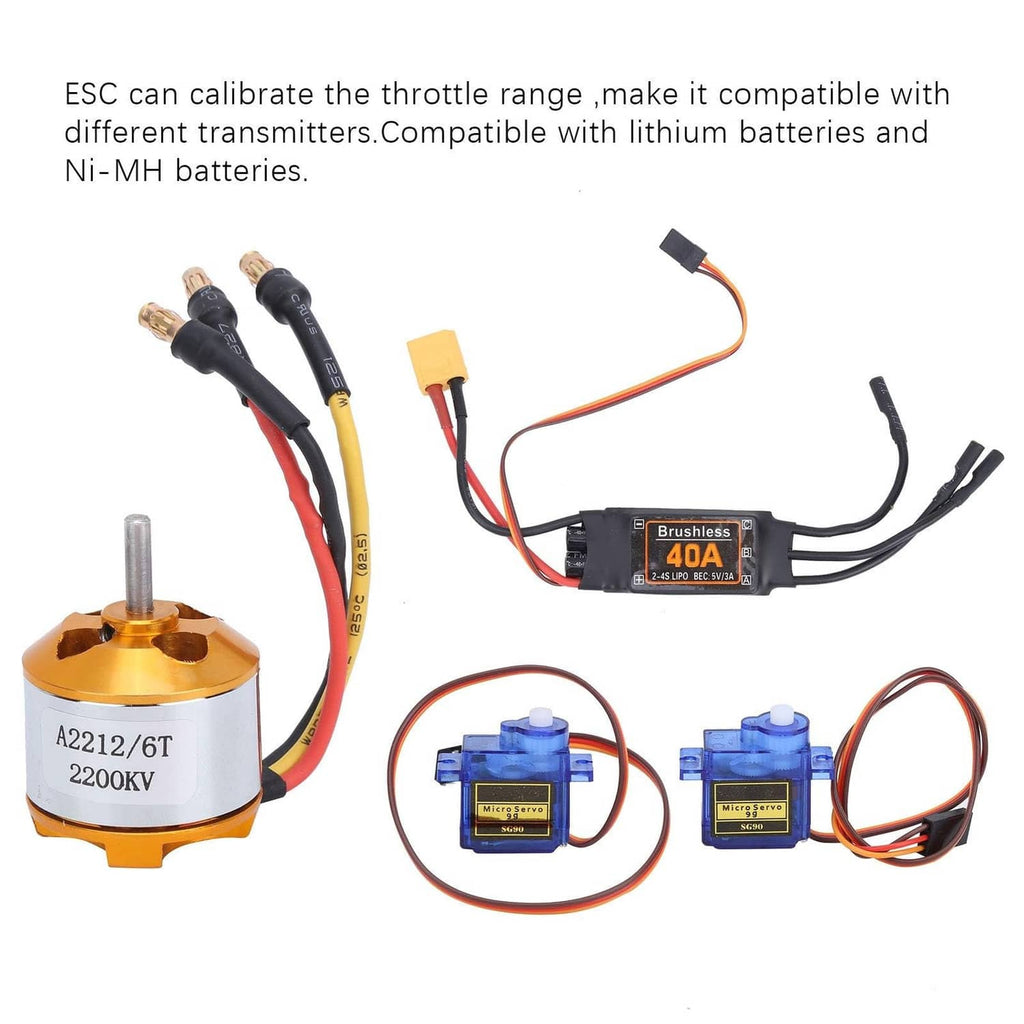 RC airplane brushless motor and ESC with wiring harness and two blue micro servos