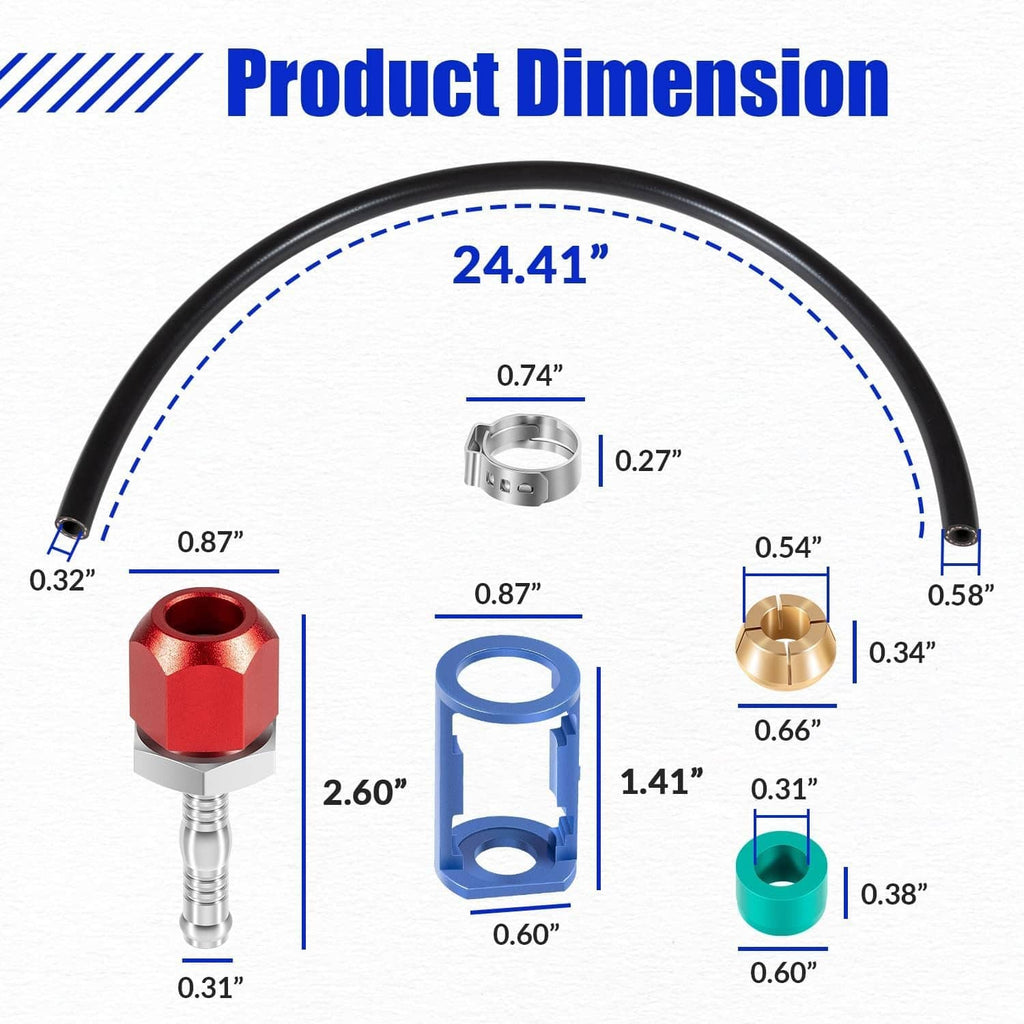 A/C line splice kit parts shown with dimension markers for hose and fittings