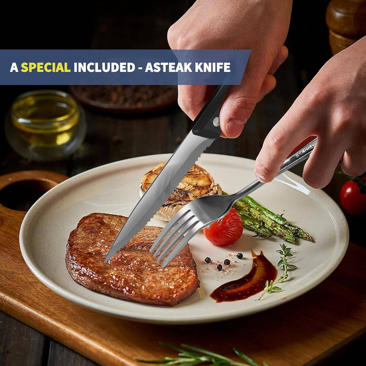 Stainless steak knife and fork held over a plated meal.
