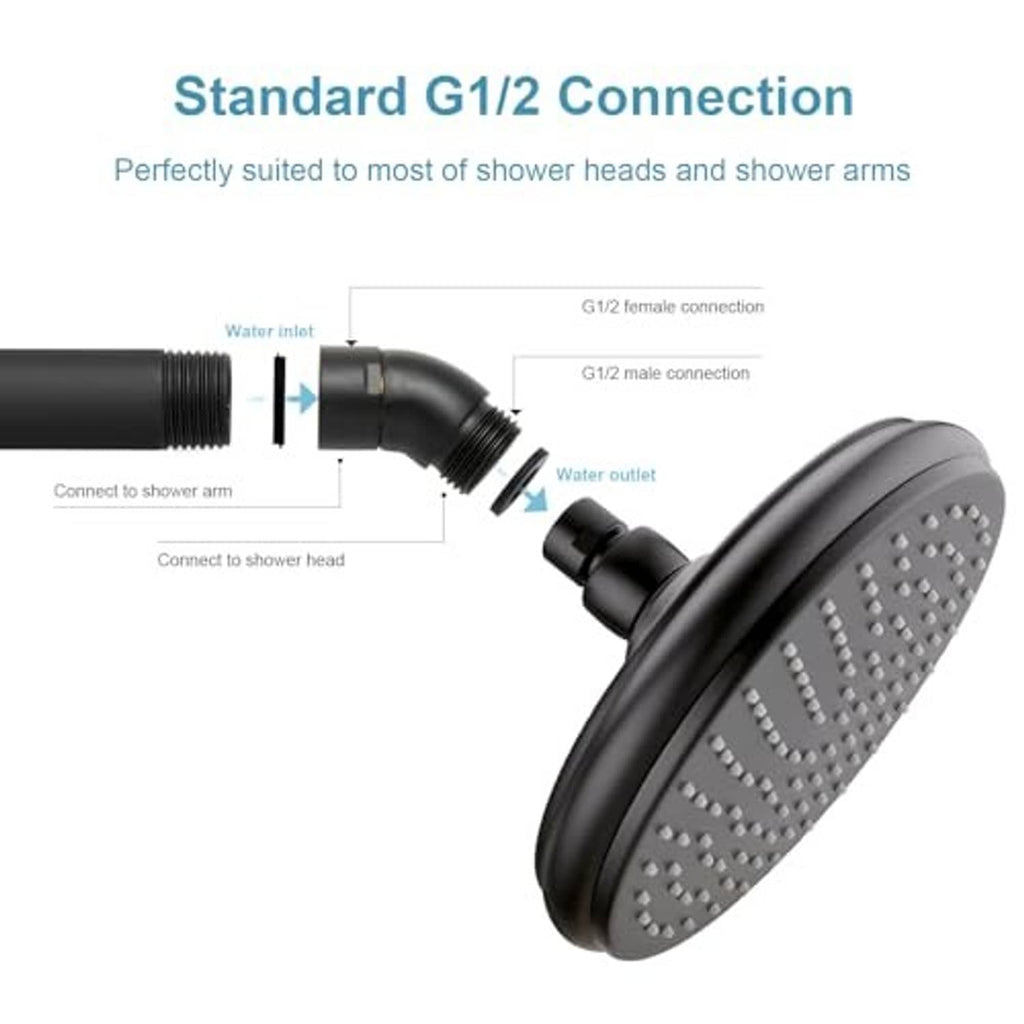 Matte black G1/2 shower elbow adapter showing water inlet and outlet connections
