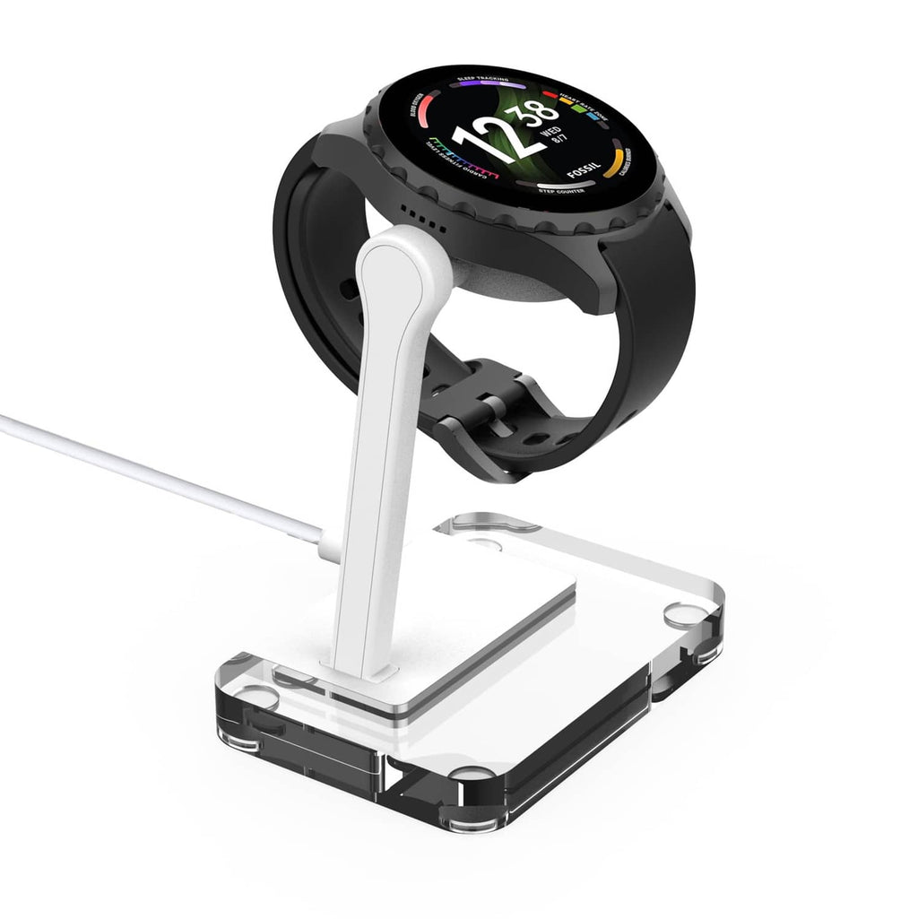 White smartwatch charging stand with 4-pin dock and adjustable watch cradle.