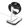 White smartwatch charging stand with 4-pin dock and adjustable watch cradle.