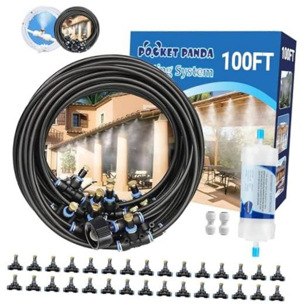 100FT outdoor water misting hose system kit with coiled tubing and spray nozzles
