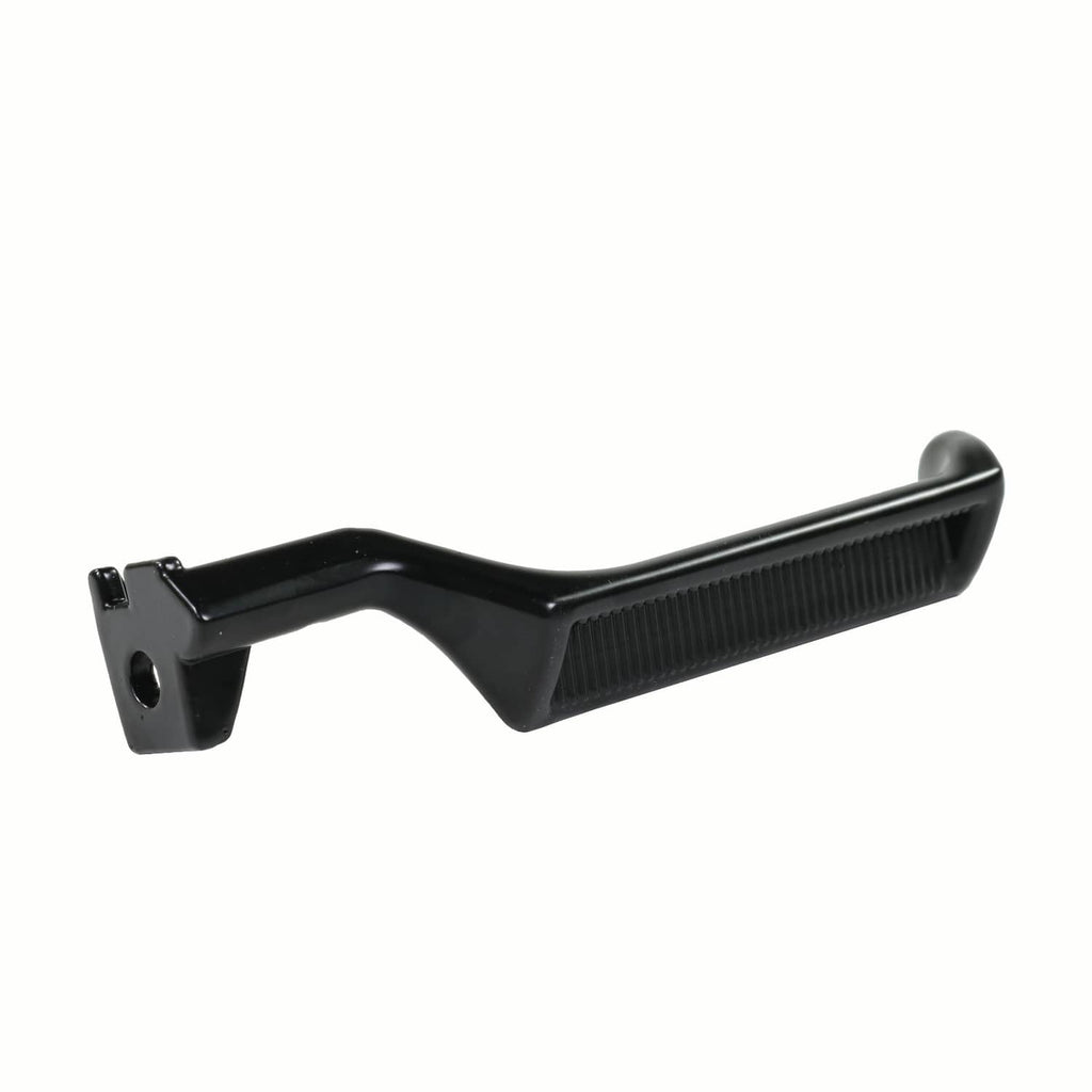 Black metal inside door handle with textured grip and mounting base
