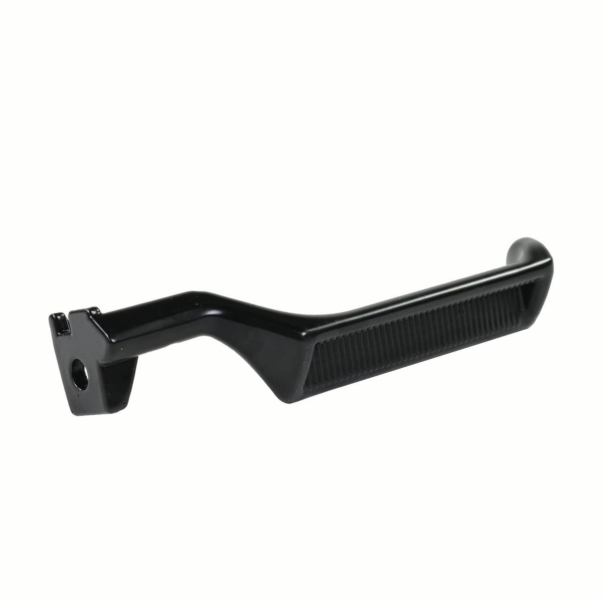 Black metal inside door handle with textured grip and mounting base