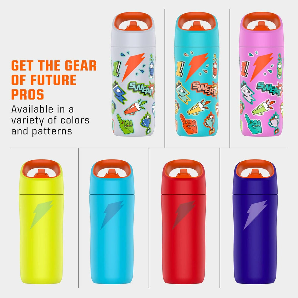 Assorted colors of kids 12oz metal water bottles with orange flip straw caps