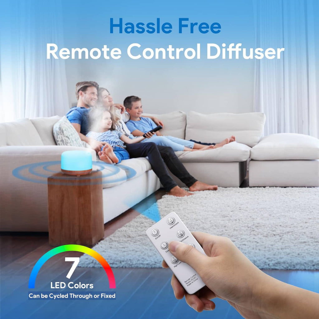 White and wood essential oil diffuser with handheld remote for LED colors