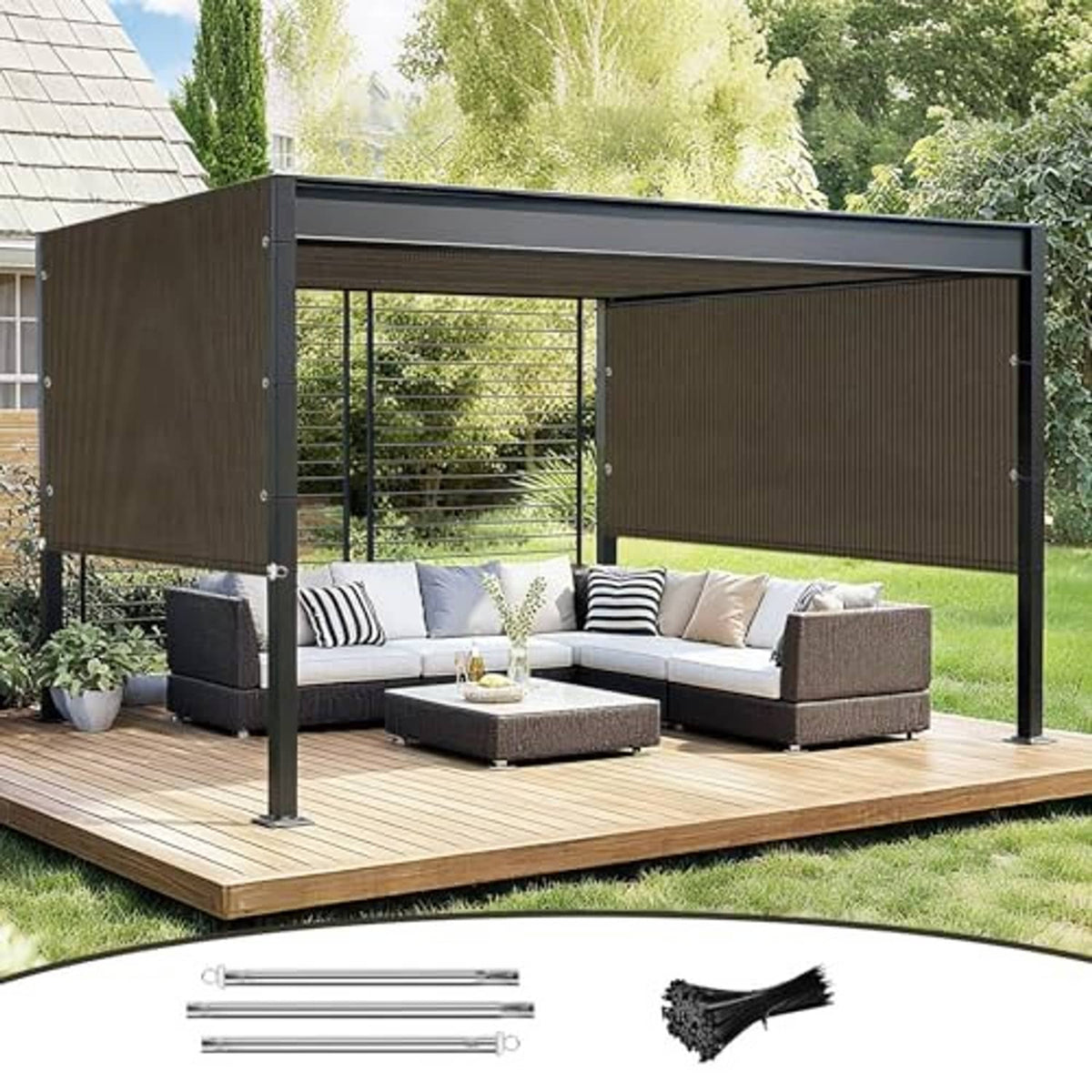 Outdoor pergola shade cover replacement in dark brown fabric with grommet edges and rods