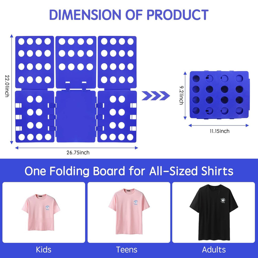 Foldable T-shirt folding board, blue, with measured layout and peg hole grid