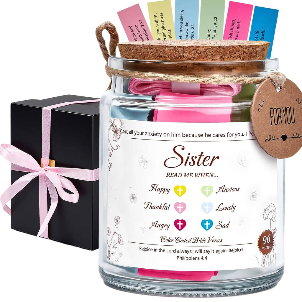 Glass sister verse jar with cork lid, rope handle, and “Sister” label on the front