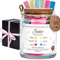 Glass sister verse jar with cork lid, rope handle, and “Sister” label on the front