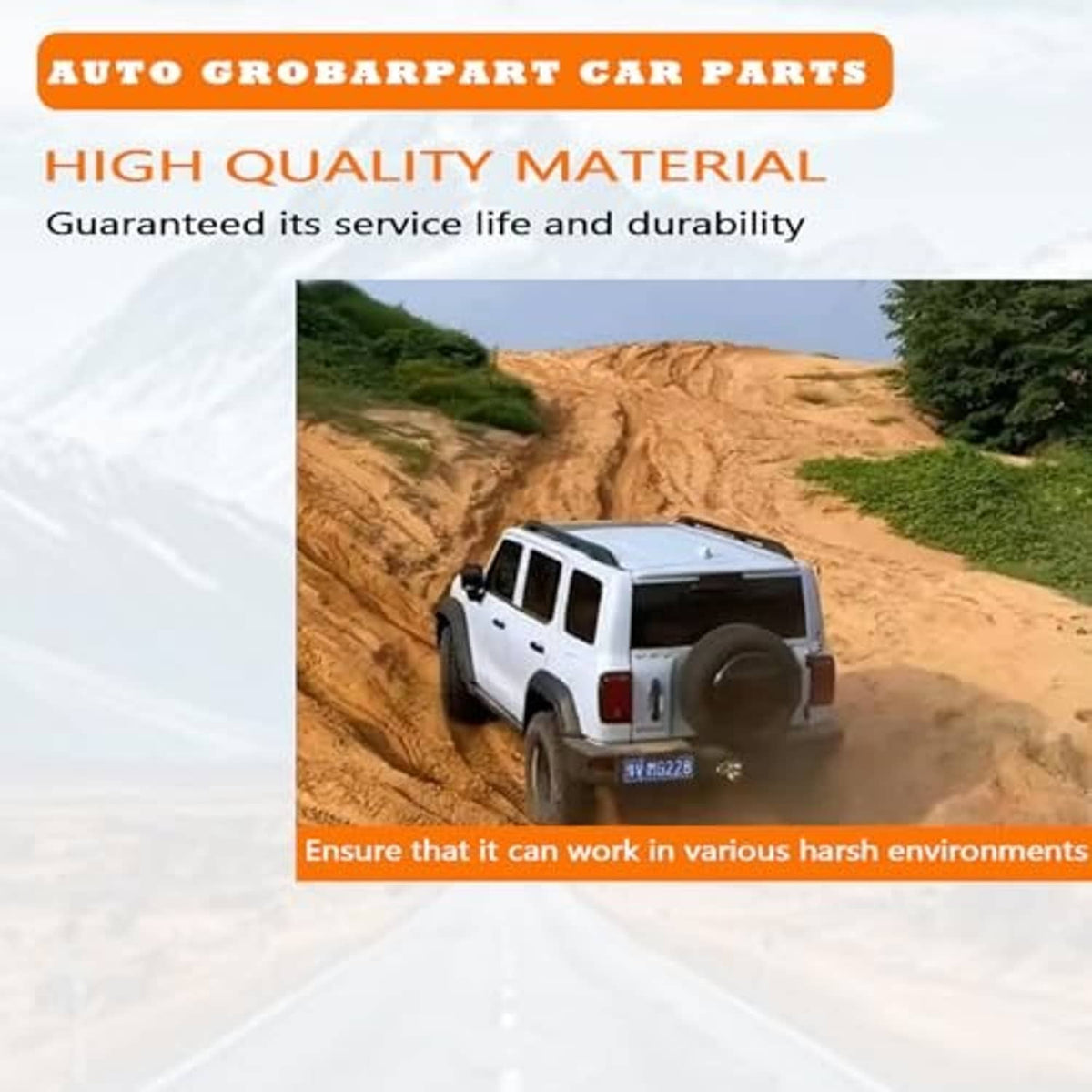 Automotive wiring harness promotional image with off-road SUV on rocky terrain