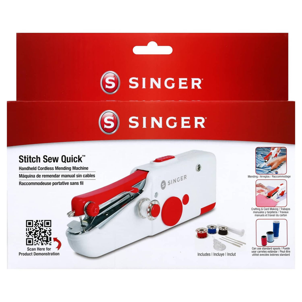 SINGER Stitch Sew Quick cordless handheld sewing machine, white and red (boxed)