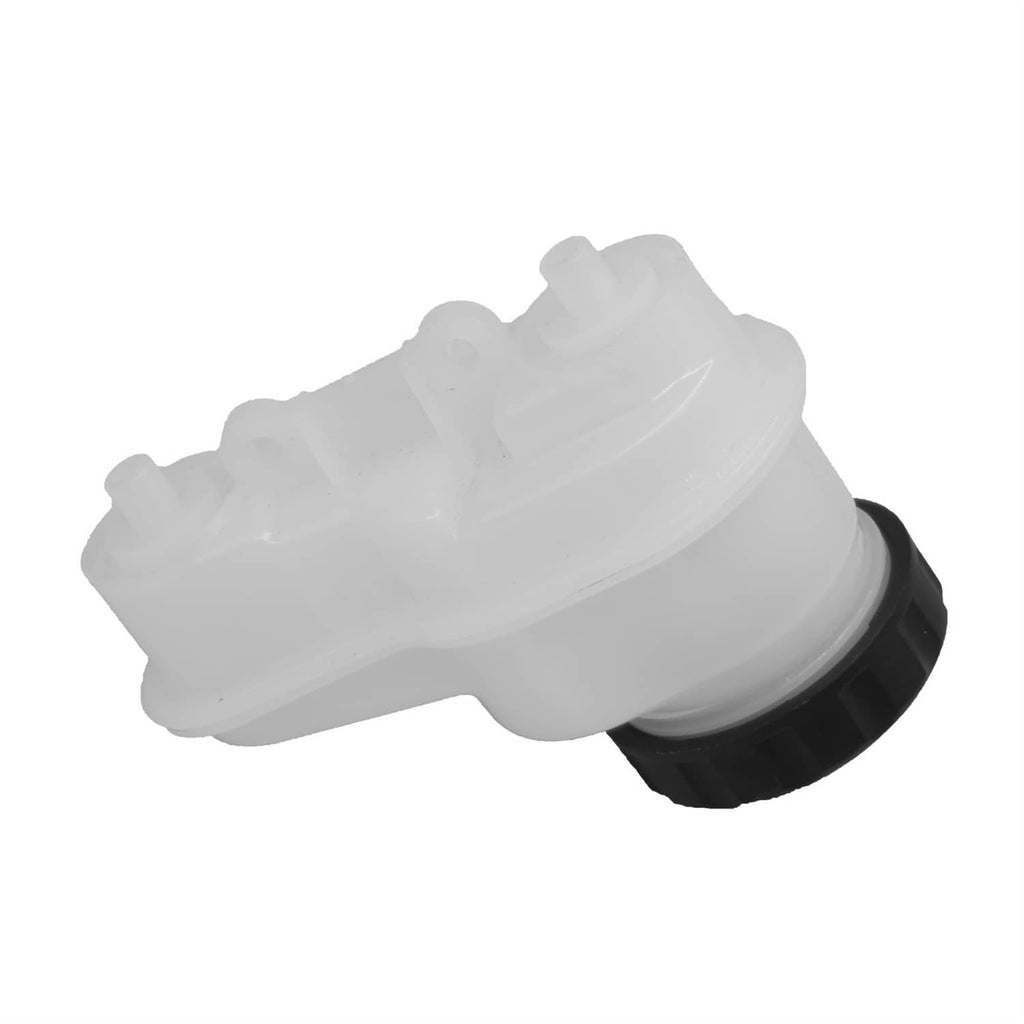 White brake master cylinder reservoir and black cap, angled close view